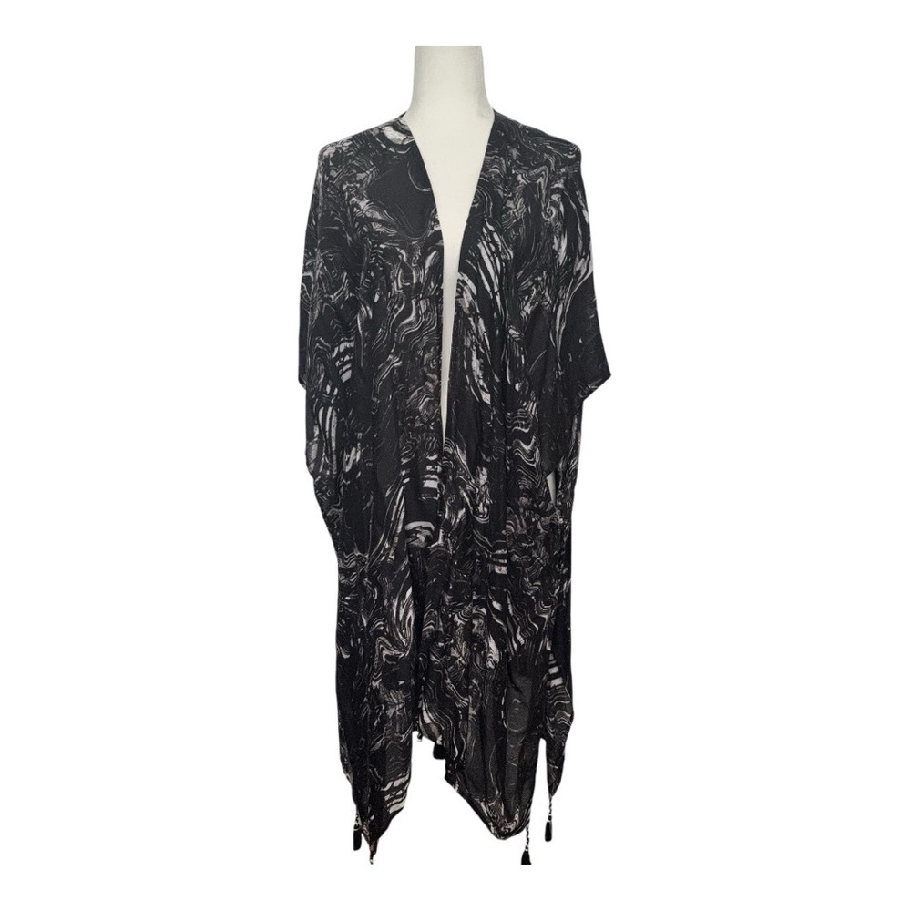 Nordstrom Women's Tassel Kimono Duster Cardigan Black White One Size